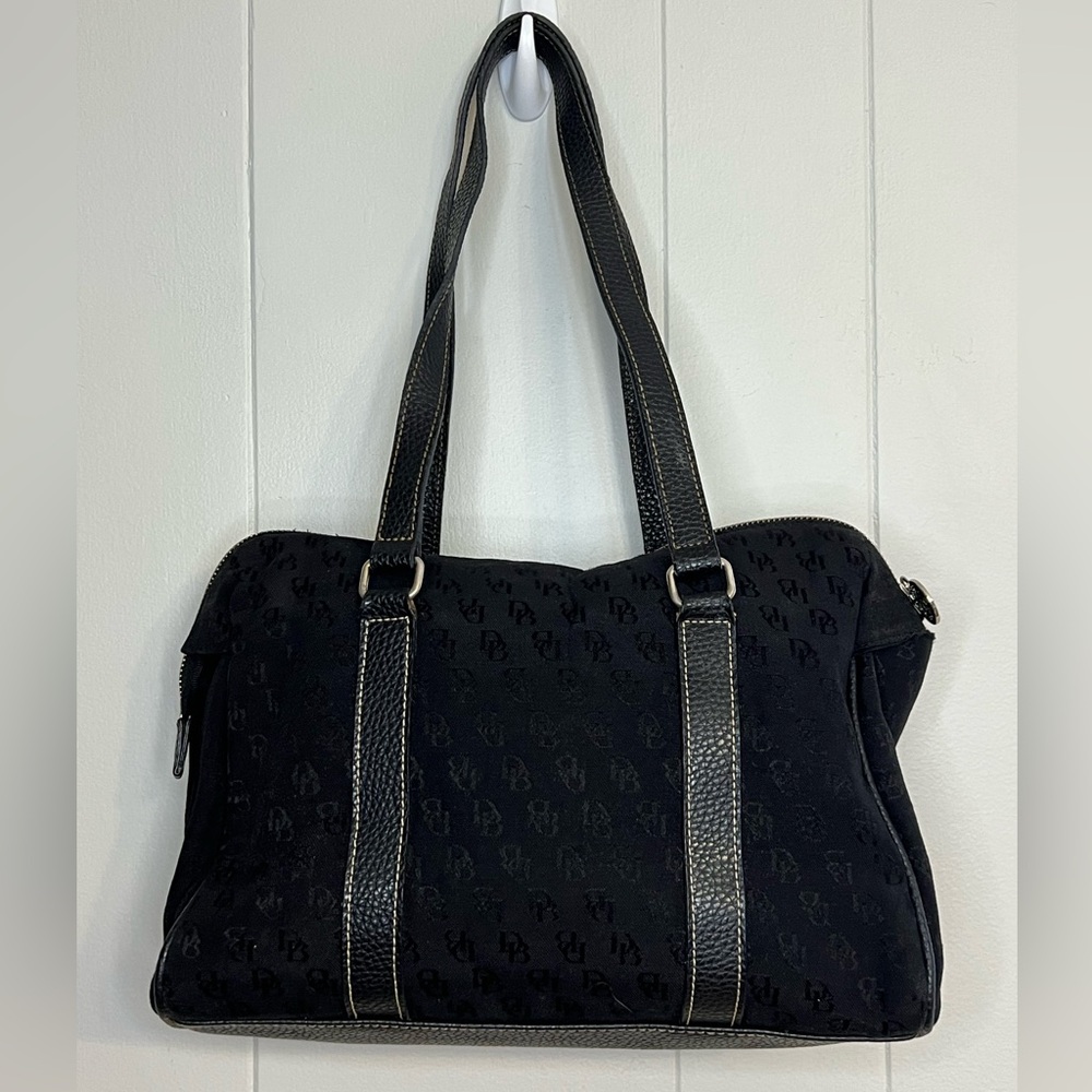 Dooney & Bourke black monogram shoulder bag with black pebbled leather straps - Picture 2 of 16